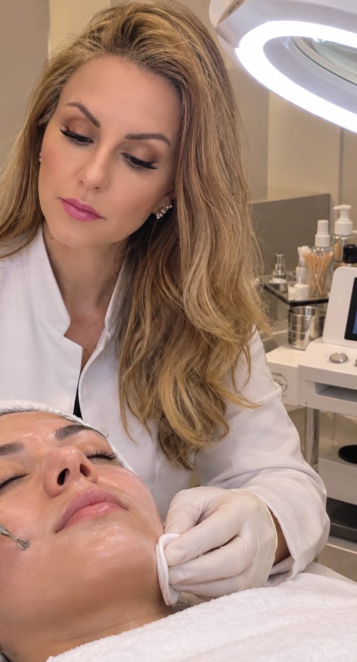 Fabiana Luchesi fazendo extração durante uma limpeza de pele em uma paciente.