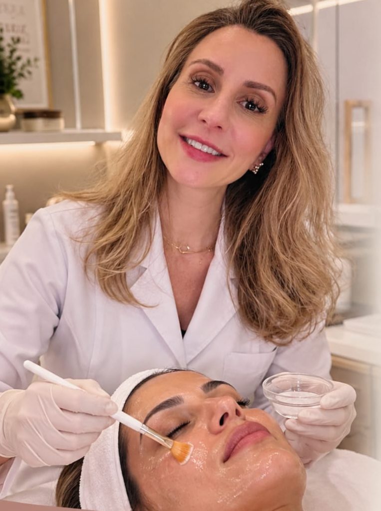 Fabiana Luchesi aplicando um peeling químico com pincel em uma paciente, no consultório.